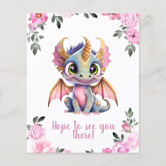 Roze Girl Dragon Floral Baby shower Uitnodiging Flyer (Achterkant)