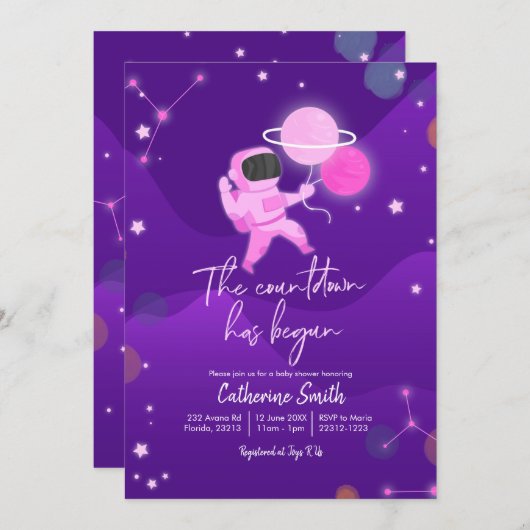 Roze Girl Planet Space Baby shower Invitation Kaart (Voorkant / Achterkant)
