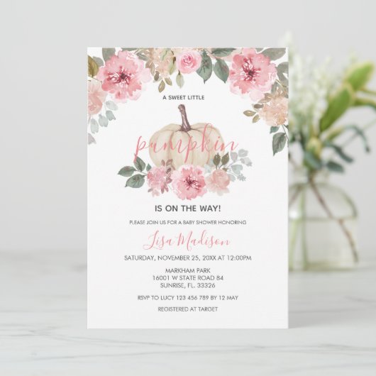 Roze Girl Pumpkin is onderweg Baby shower Kaart (Staand voorkant)