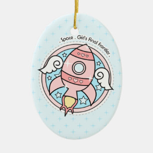 Roze Girl Rocketship Keramisch Ornament