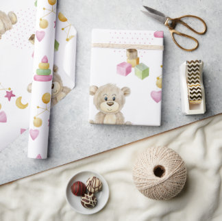 Roze Girl Teddy Bear Waterverf Thema Baby shower Cadeaupapier