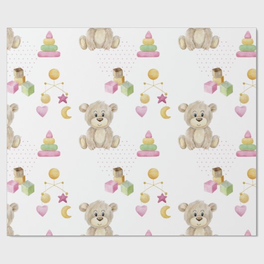 Roze Girl Teddy Bear Waterverf Thema Baby shower Cadeaupapier (Vlak)