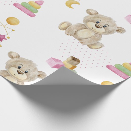 Roze Girl Teddy Bear Waterverf Thema Baby shower Cadeaupapier (Hoek)