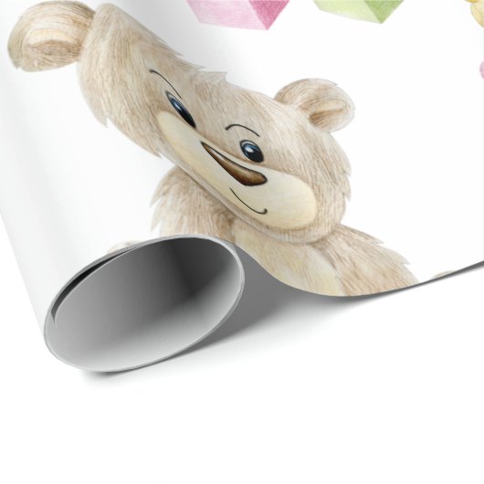 Roze Girl Teddy Bear Waterverf Thema Baby shower Cadeaupapier (Rol Hoek)