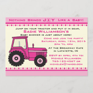 Roze Girl Tractor Baby shower Invitation Kaart