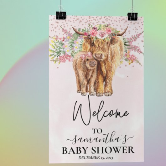 Roze Girl Welcome Highland Koe Calf Baby shower Poster