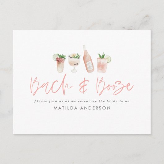 roze girly bach & booze bachelorette weekend chic uitnodiging briefkaart (Voorkant)