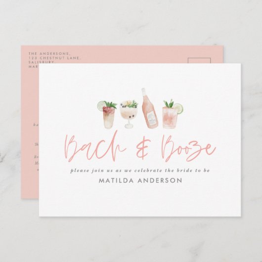 Roze girly bach & booze bachelorette weekend chic uitnodiging briefkaart (Voorkant / Achterkant)