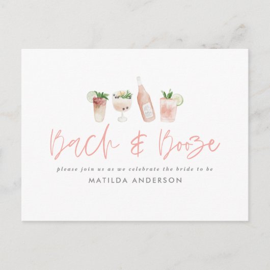 Roze girly bach & booze bachelorette weekend chic uitnodiging briefkaart (Voorkant)