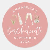 Roze girly bloemenchampagne bachelorette stijlvol ronde sticker (Voorkant)
