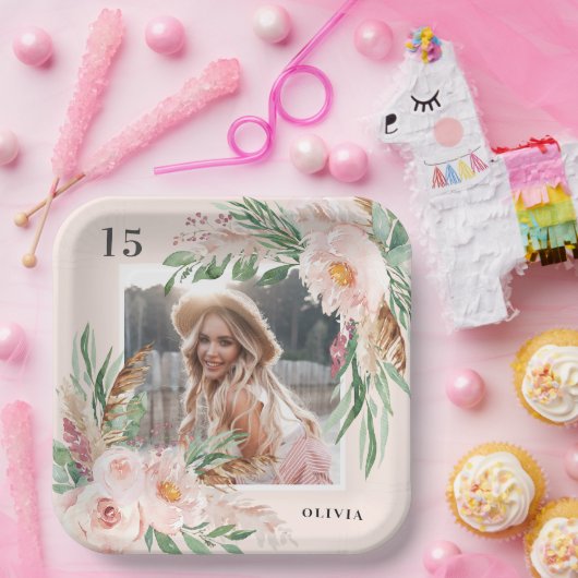 Roze girly bloemenfoto pampas elegant modern papieren bordje (Feest)