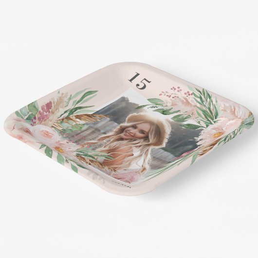 Roze girly bloemenfoto pampas elegant modern papieren bordje (Gebogen)