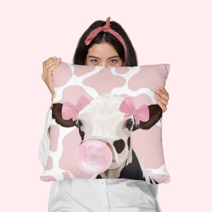Roze Girly Bubblegum Blowing Koe Kussen
