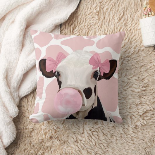 Roze Girly Bubblegum Blowing Koe Kussen (Deken)