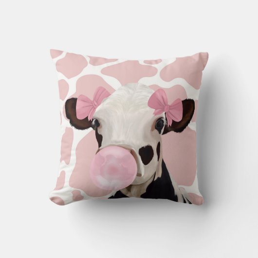 Roze Girly Bubblegum Blowing Koe Kussen (Voorkant)