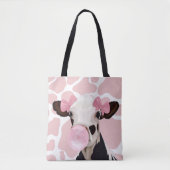 Roze Girly Bubblegum Blowing Koe Tote Bag (Voorkant)