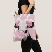 Roze Girly Bubblegum Blowing Koe Tote Bag (Dichtbij)