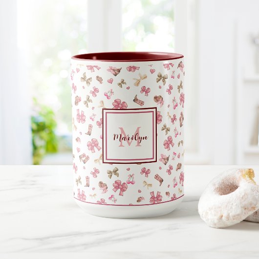 Roze Girly Cowgirl Western Pattern Monogrammed Mok
