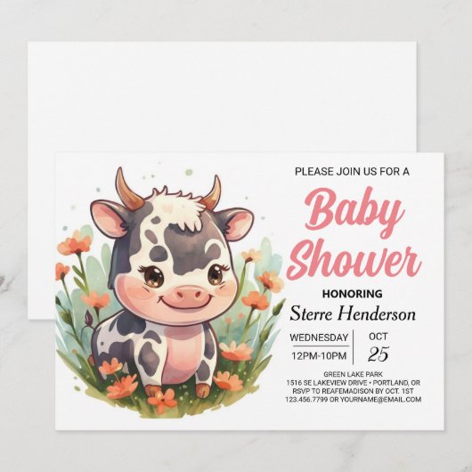 Roze Girly Elegant Koe Baby shower Kaart (Voorkant / Achterkant)