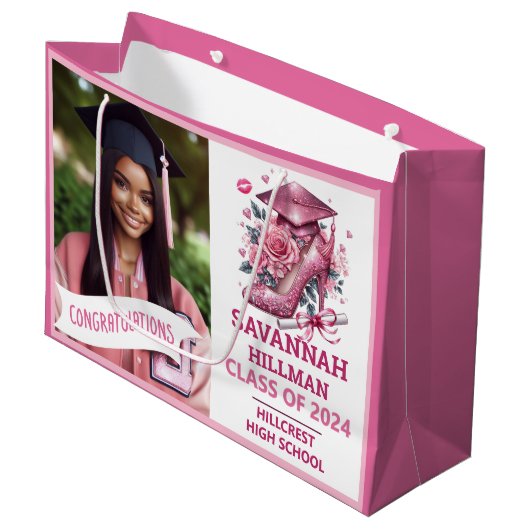 Roze Girly Foto Aangepaste Luxe Afstuderen Groot Cadeauzakje (Voorkant Gekanteld)