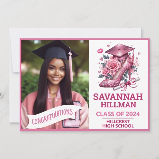 Roze Girly Foto Aangepaste Luxe Afstuderen Kaart (Voorkant)