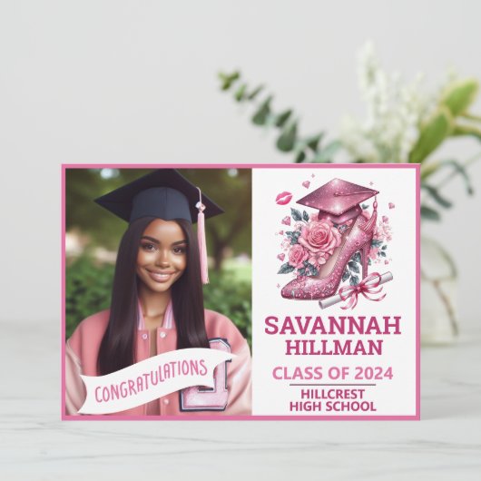 Roze Girly Foto Aangepaste Luxe Afstuderen Kaart (Staand voorkant)