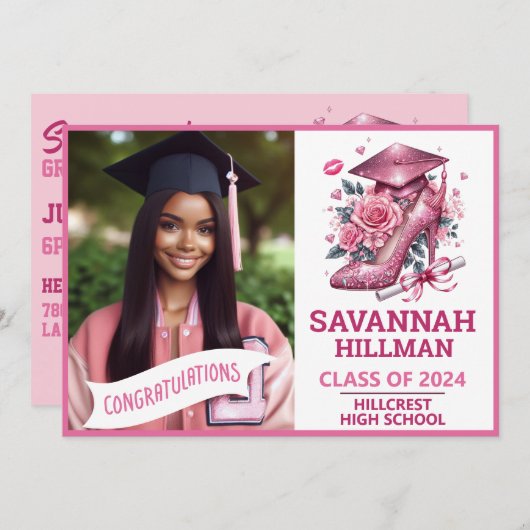Roze Girly Foto Aangepaste Luxe Afstuderen Kaart (Voorkant / Achterkant)