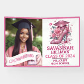 Roze Girly Foto Aangepaste Luxe Afstuderen Spandoek (Horizontaal)