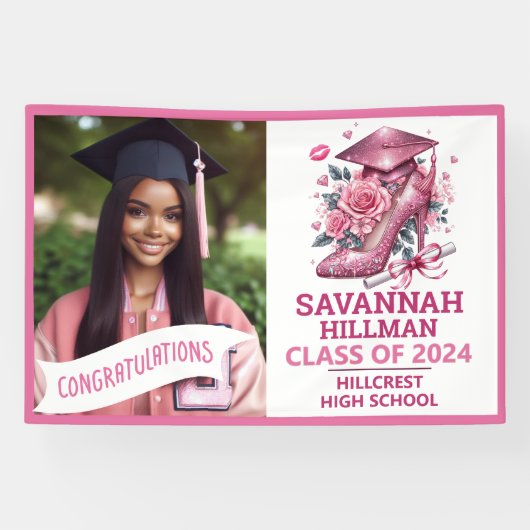 Roze Girly Foto Aangepaste Luxe Afstuderen Spandoek (Horizontaal)