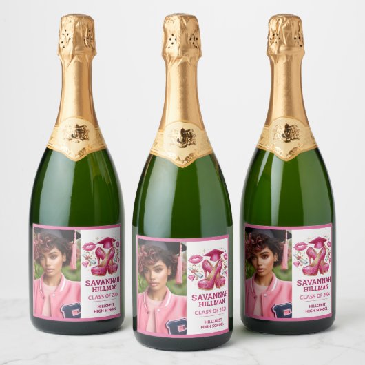 Roze Girly Foto Aangepaste Luxe Afstuderen Sparkling Wijnetiket (Flessen)