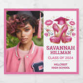 Roze Girly Foto Aangepaste Luxe Afstuderen Sparkling Wijnetiket (Enkel label)