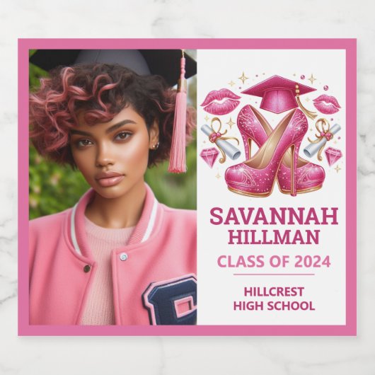Roze Girly Foto Aangepaste Luxe Afstuderen Sparkling Wijnetiket (Enkel label)