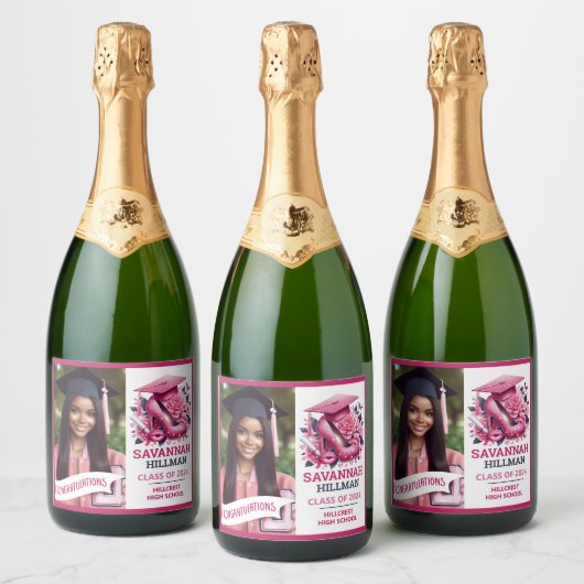 Roze Girly Foto Afstuderen Gefeliciteerd Sparkling Wijnetiket (Flessen)
