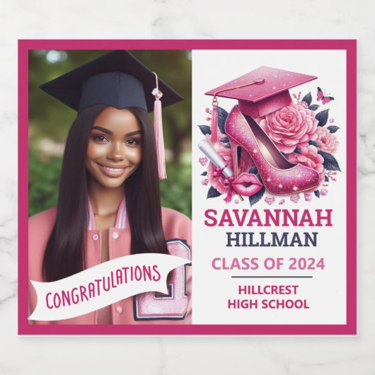 Roze Girly Foto Afstuderen Gefeliciteerd Sparkling Wijnetiket (Enkel label)