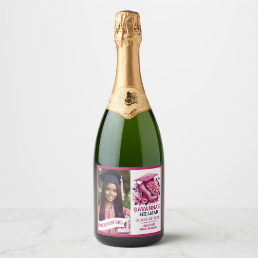 Roze Girly Foto Afstuderen Gefeliciteerd Sparkling Wijnetiket (Voorkant)