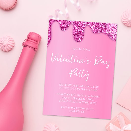 Roze Girly Glitter Valentijnsdag Party Kaart