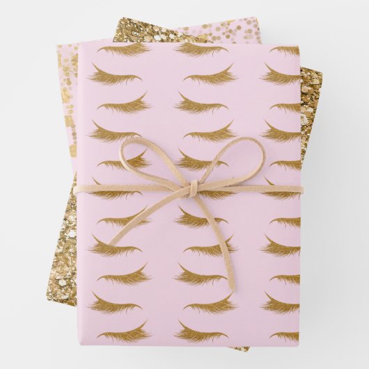 Roze Girly Gold Glam Glitter Wimpers Inpakpapier Vel (In situ)