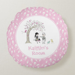 Roze Girly Kinder Vogelboomschommel gepersonalisee Rond Kussen