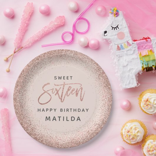 Roze girly moderne glitter 16e verjaardagsfeest papieren bordje (Feest)