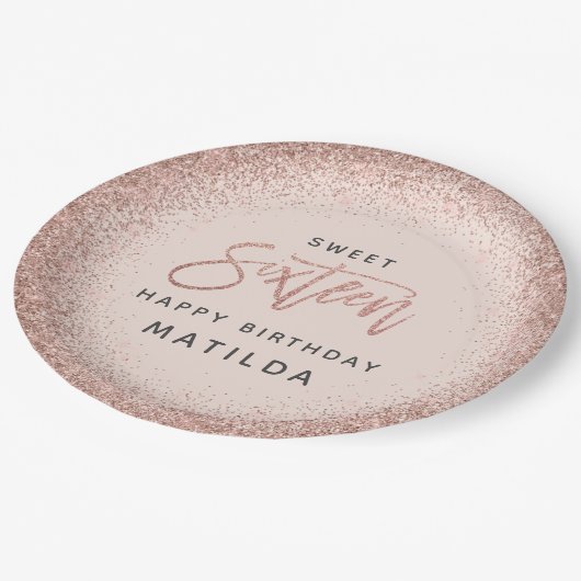Roze girly moderne glitter 16e verjaardagsfeest papieren bordje (Gekanteld)