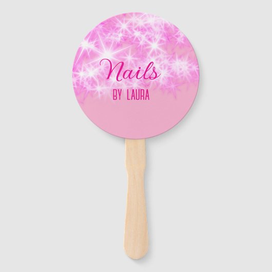 Roze girly pastel glitter nagels voeg naam website handwaaier (Voorkant)