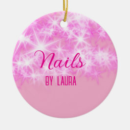 Roze girly pastel glitter nagels voeg naam website keramisch ornament