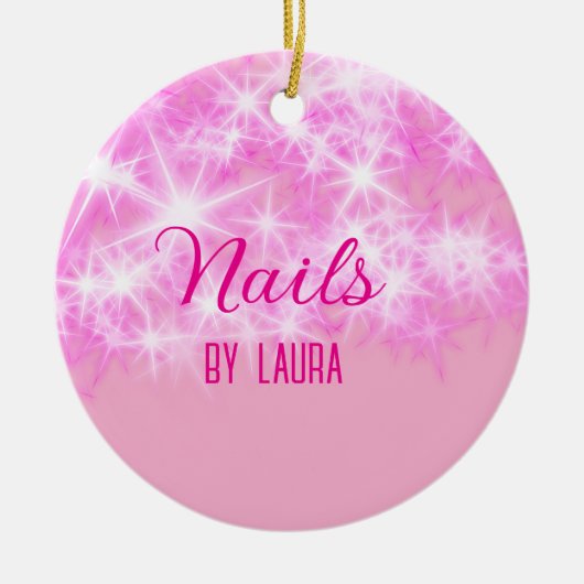 Roze girly pastel glitter nagels voeg naam website keramisch ornament (Voorkant)