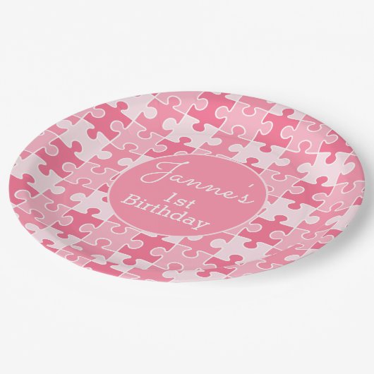 Roze Girly Puzzel Stukken Papieren Bordje (Gekanteld)