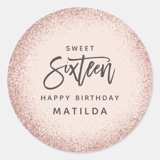 Roze girly roos gouden glitter 16e verjaardag ronde sticker (Voorkant)