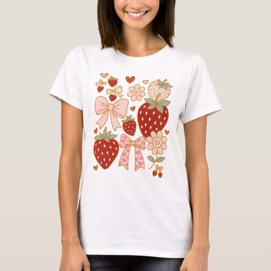 Roze Girly Zomer Coquette Aardbei T-shirt (Voorkant)