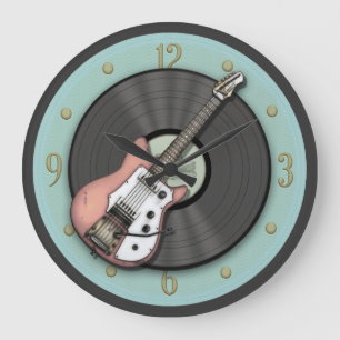  roze gitaar en vinylplaat wandklok