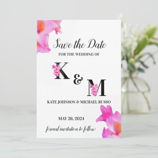 Roze Gladiolus Flower Waterverf Save The Date (Staand voorkant)