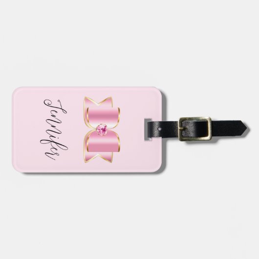 Roze Glam Bow met een Center Edelsteen Bagagelabel (Voorkant horizontaal)