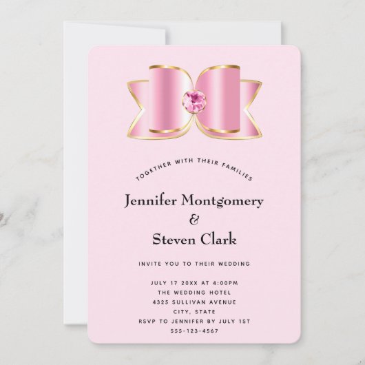 Roze Glam Bow met een Center Edelsteen Bruiloft Kaart (Voorkant)